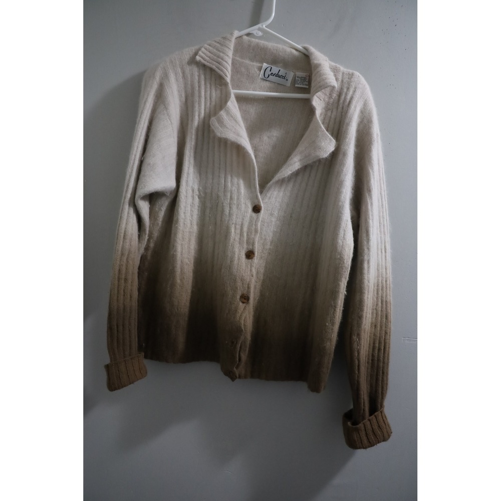 Carducci Vintage Angora Blend Ombre Ribbed Cardigan Brown Cream Collared Large